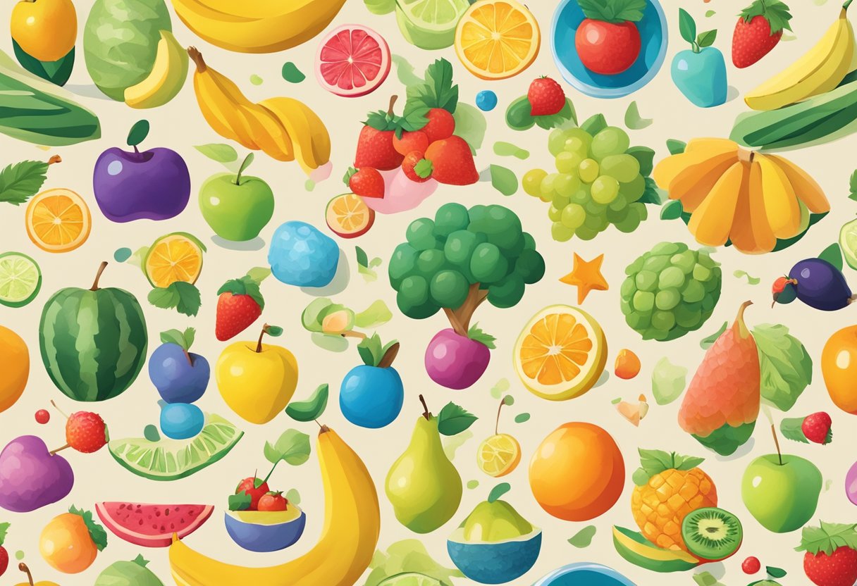 A group of colorful, child-friendly objects like animals, fruits, and shapes arranged in a playful and engaging manner