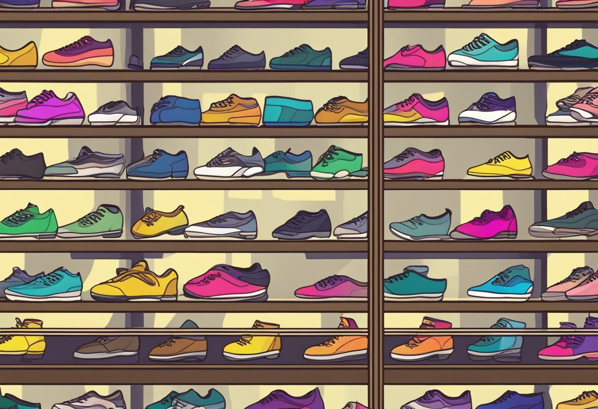 A variety of dance shoes displayed on shelves, each labeled with a different dance style. Bright lights illuminate the colorful array, inviting dancers to find the perfect pair for their chosen genre