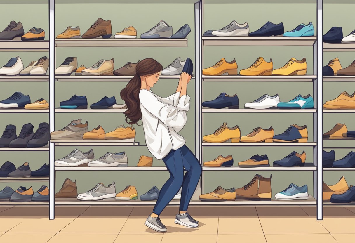 A dancer tries on different shoes, testing for fit and comfort. Various styles and designs are displayed on shelves