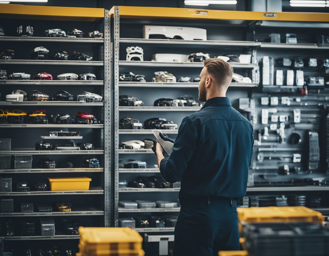 A mechanic carefully selects and labels genuine Porsche replacement parts from neatly organized shelves in a well-lit workshop