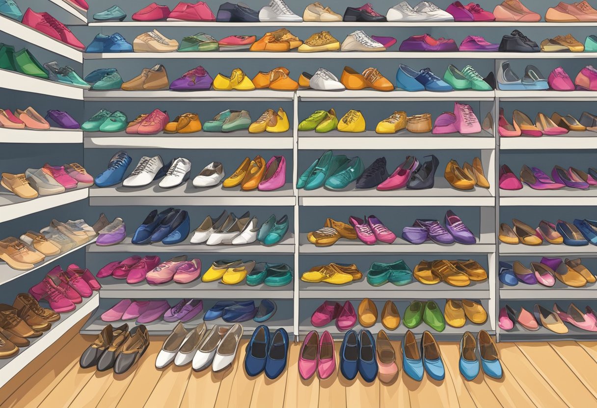 A display of various dance shoes in a well-lit, organized store. Signs and labels indicate different styles and sizes