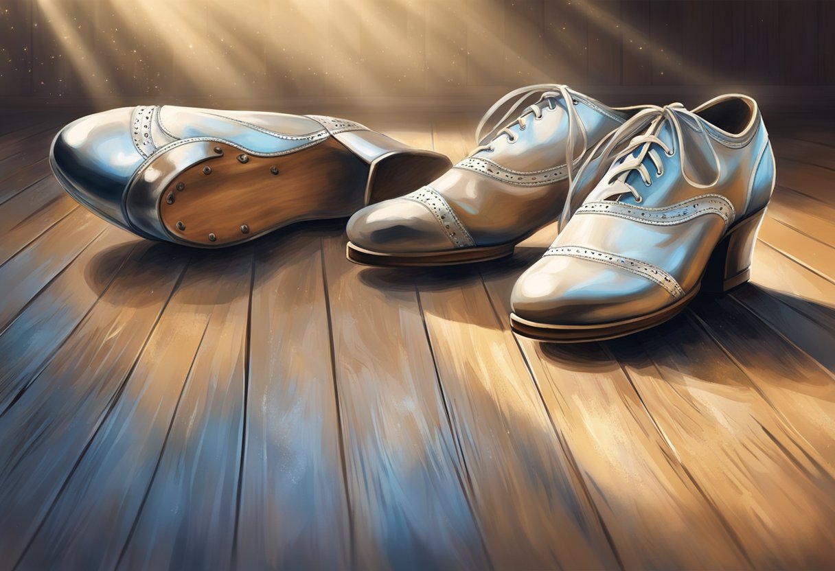 A pair of well-worn dance shoes sits prominently on a polished wooden floor, surrounded by the faint traces of chalk dust and the soft glow of stage lights