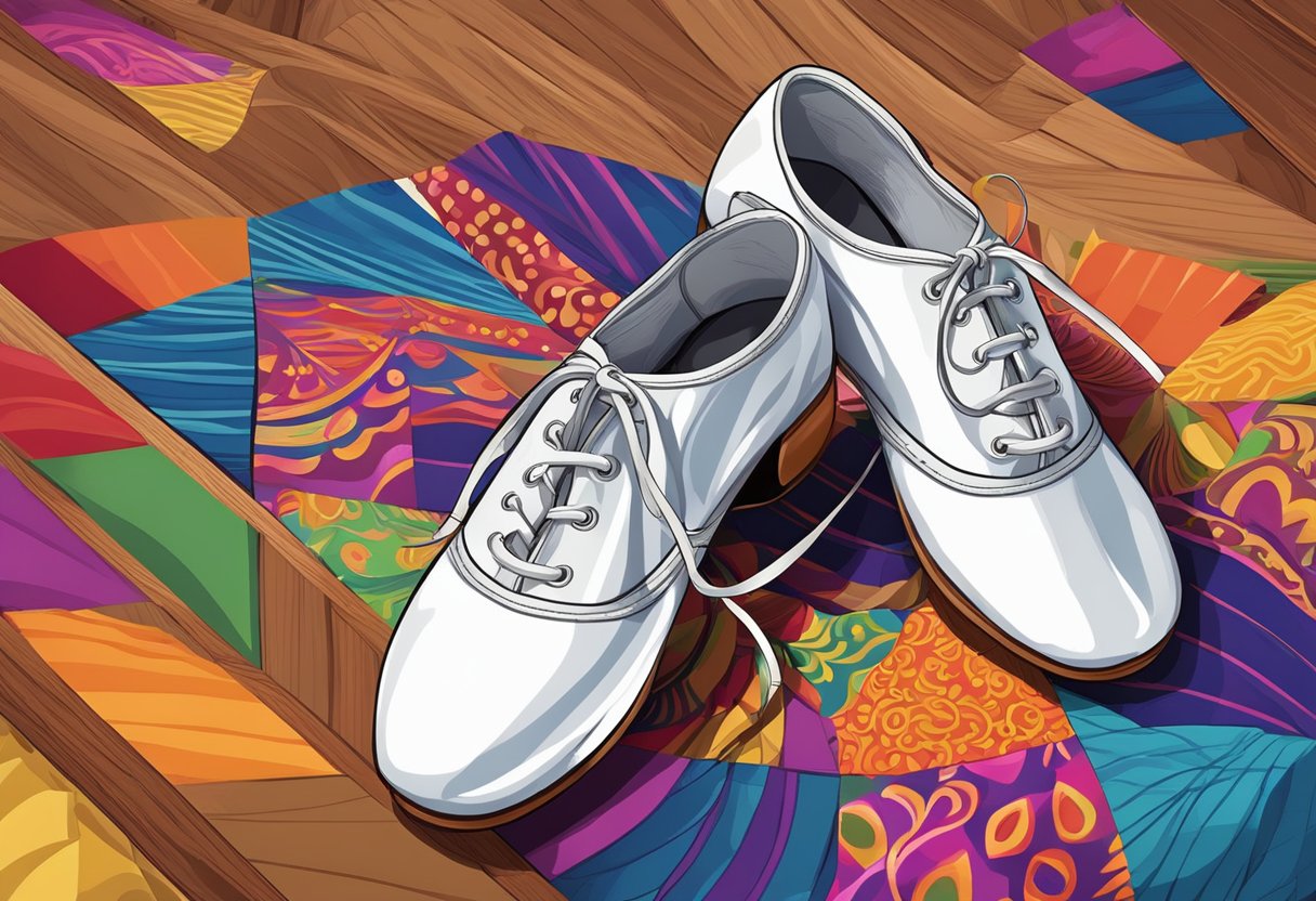 A pair of dance shoes placed on a wooden floor, surrounded by vibrant colors and patterns, symbolizing the cultural significance and importance of proper footwear in the world of dance