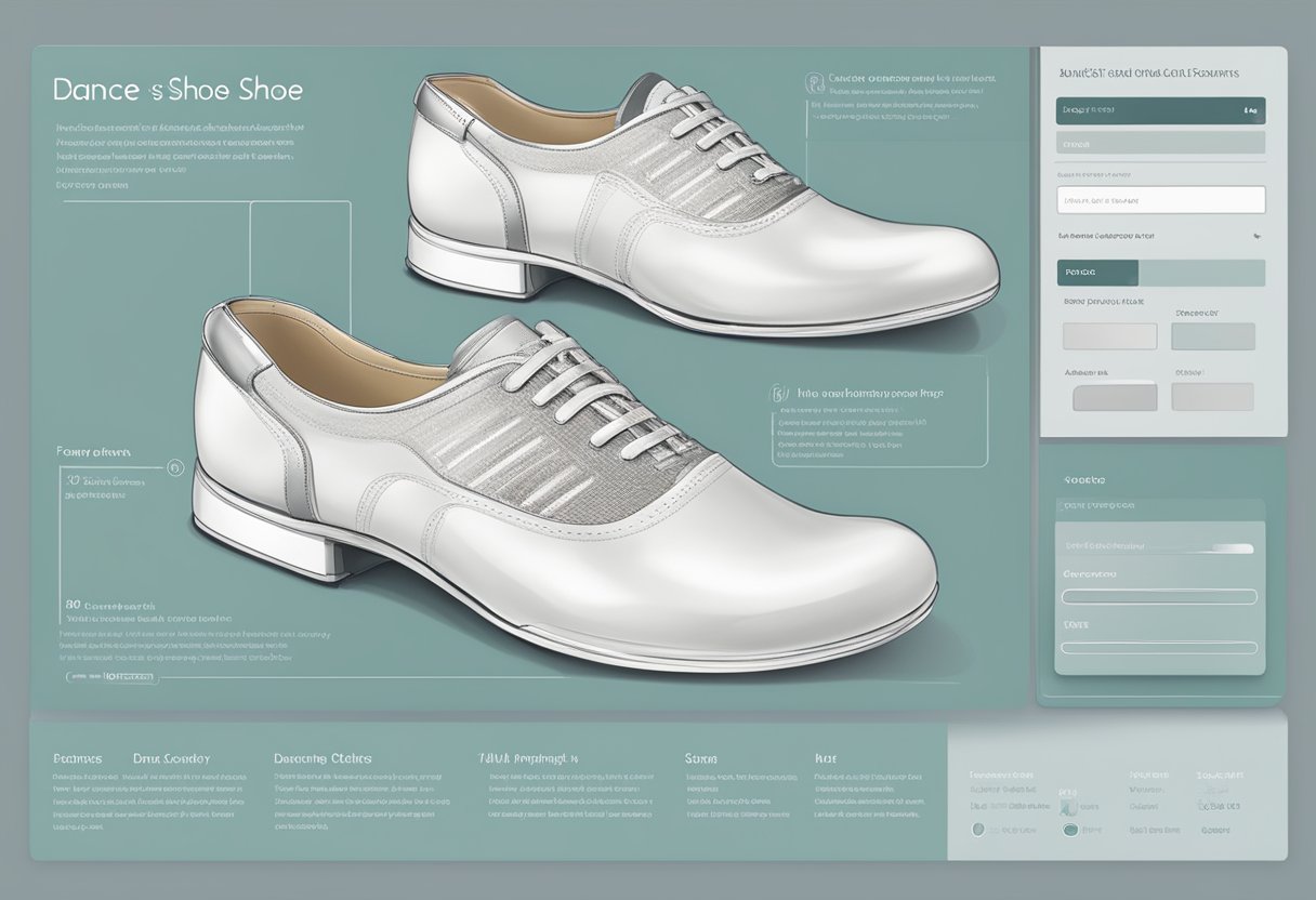 A computer screen showing a variety of dance shoe options, with a secure payment page and detailed product descriptions