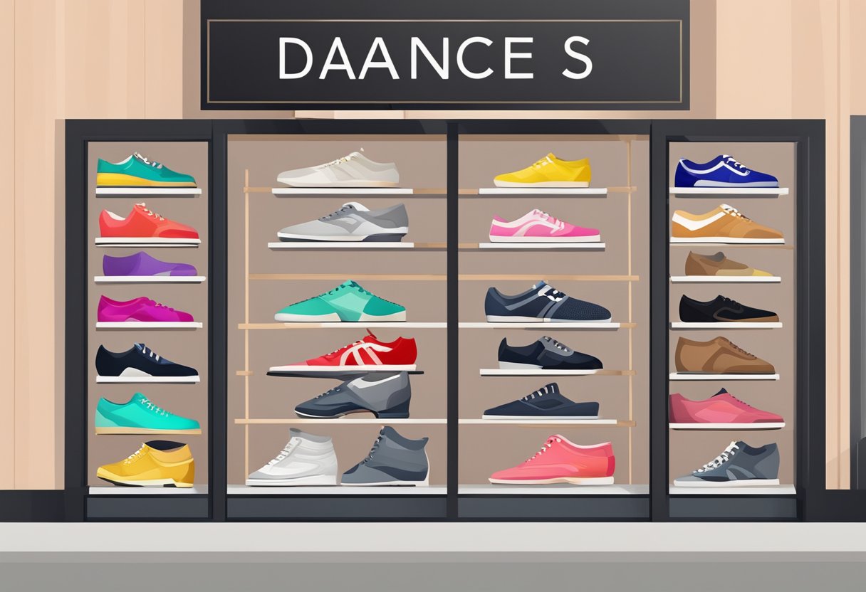 A variety of dance shoes displayed on a virtual storefront, showcasing different styles and types for online shoppers to choose from