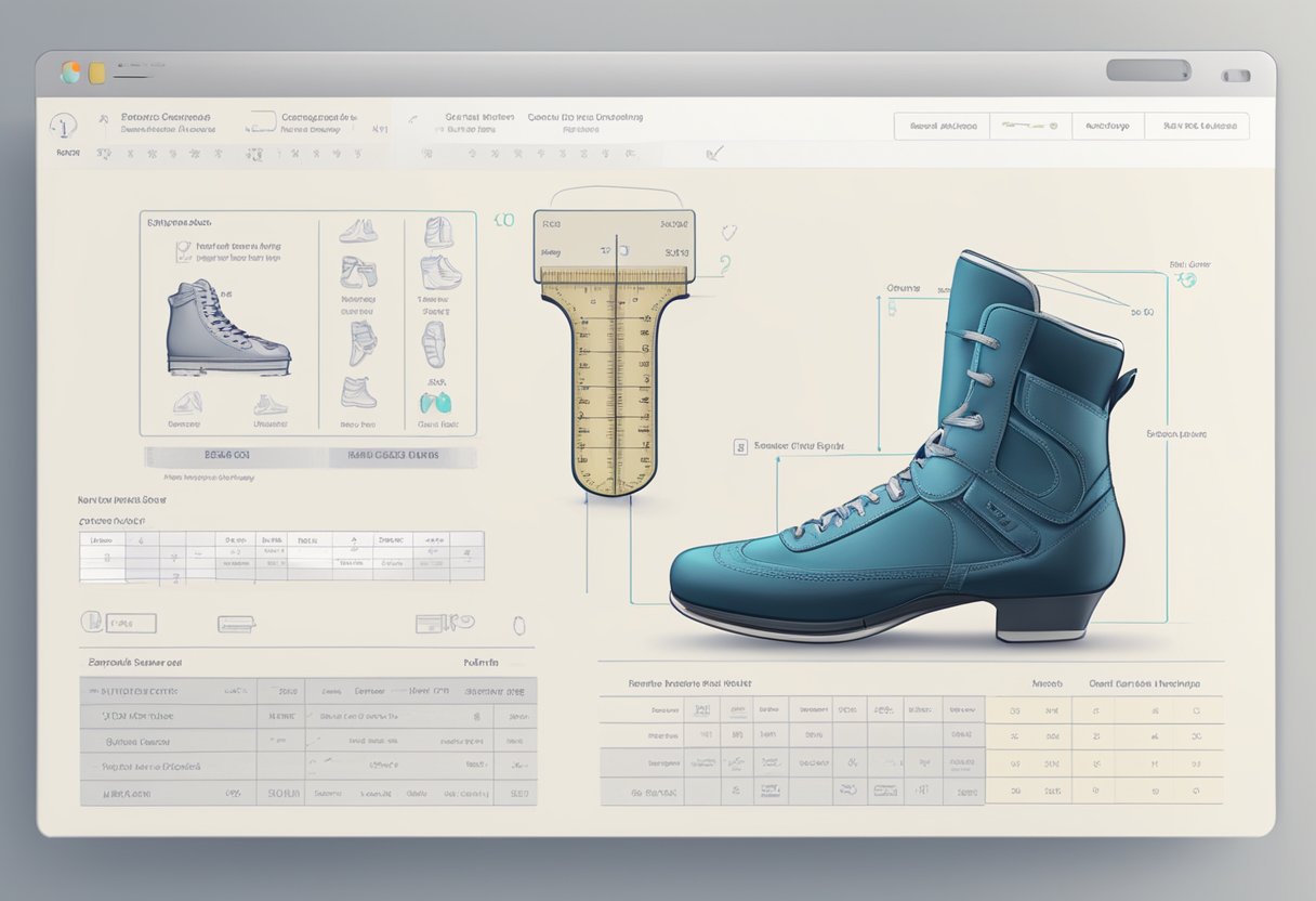 A computer screen displaying various dance shoe options with detailed descriptions and images. A ruler and measuring tape nearby for sizing reference