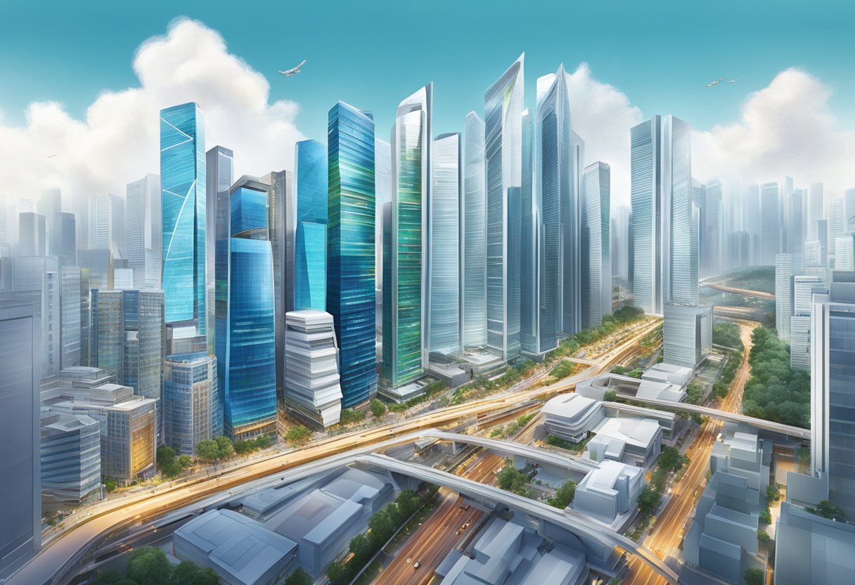 A bustling cityscape with modern skyscrapers and a vibrant street scene, showcasing the energy and diversity of Omega Singapore