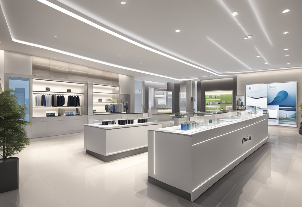 A modern, sleek Omega retail store with interactive displays and elegant product showcases. Customers are engaged in personalized consultations with knowledgeable staff