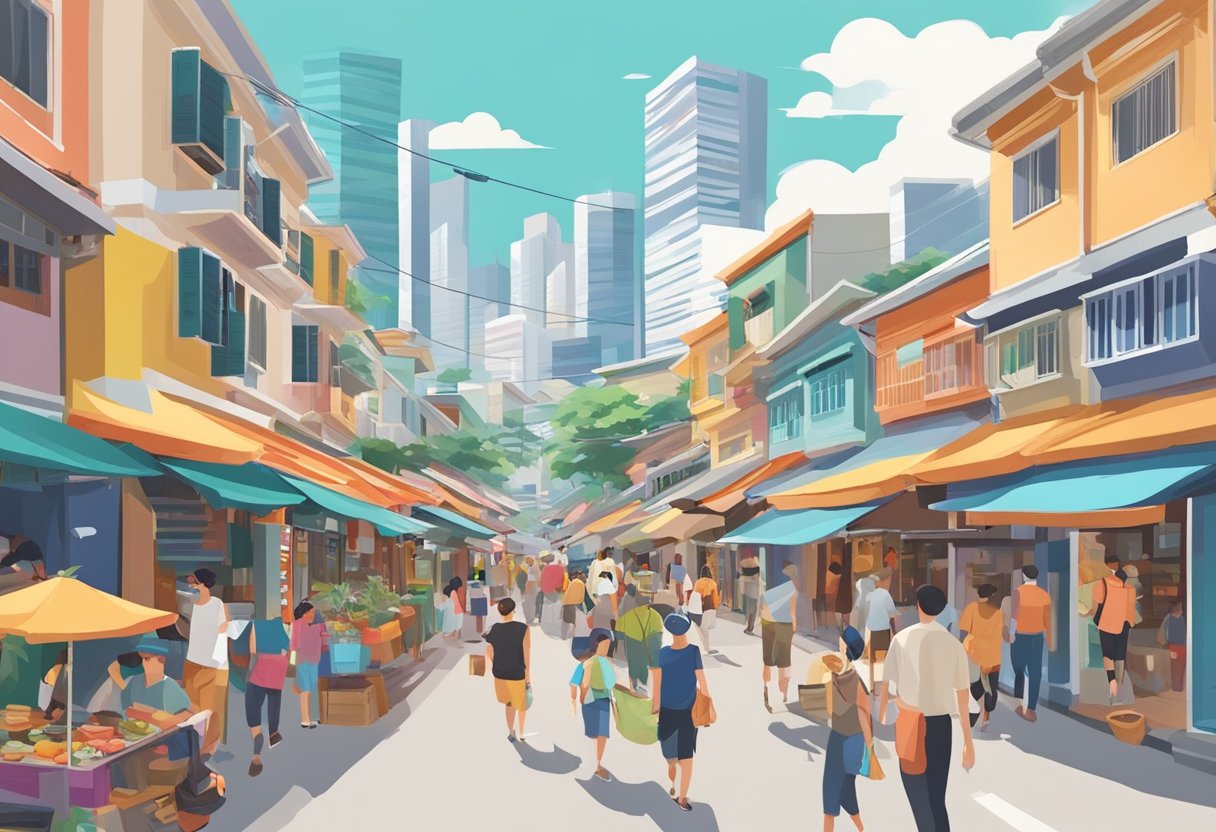 A bustling street in Putien, Singapore with colorful buildings, bustling markets, and locals going about their daily activities