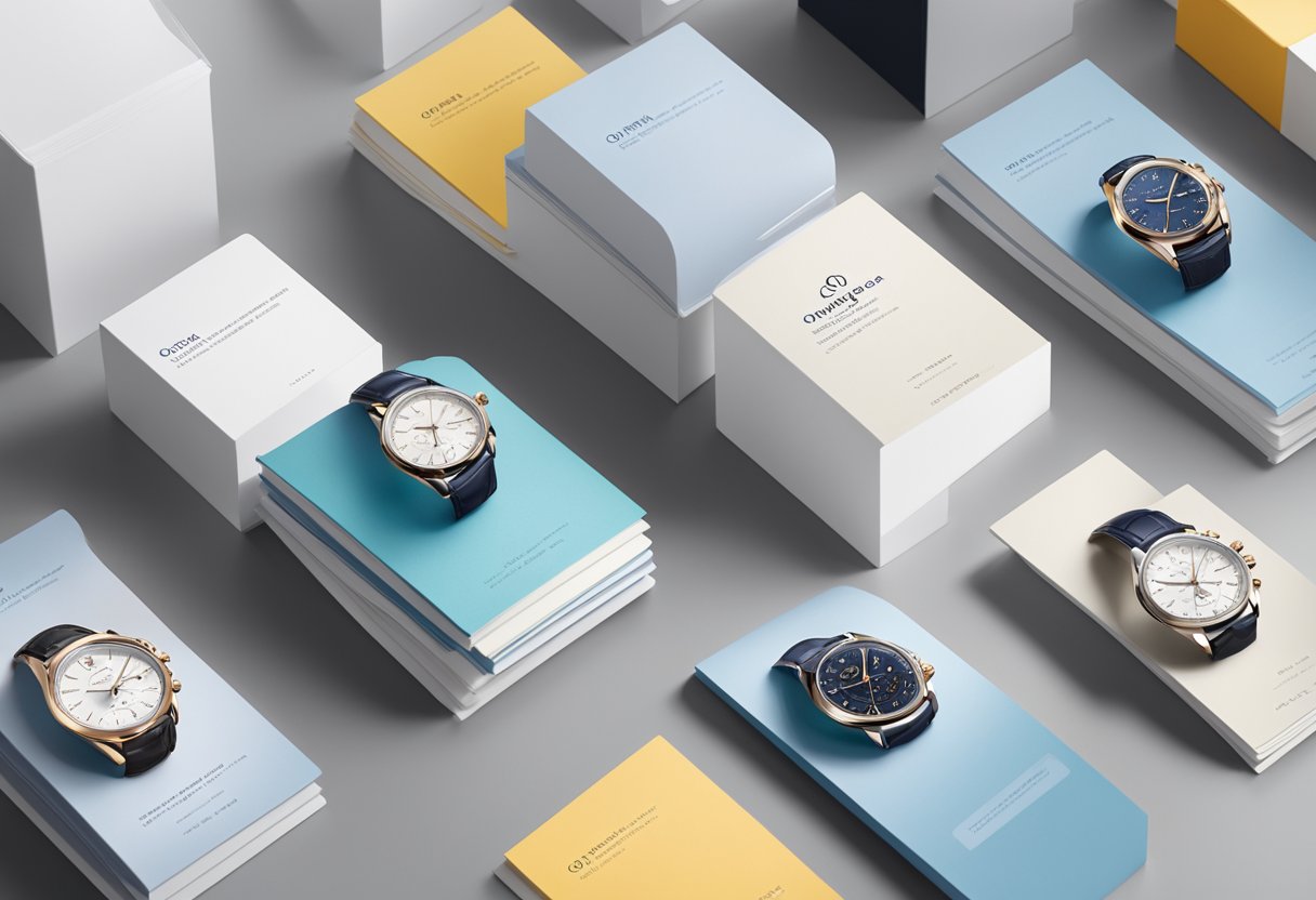 A stack of pamphlets with "Frequently Asked Questions omega singapore" printed on the cover, surrounded by a sleek, modern display showcasing Omega watches