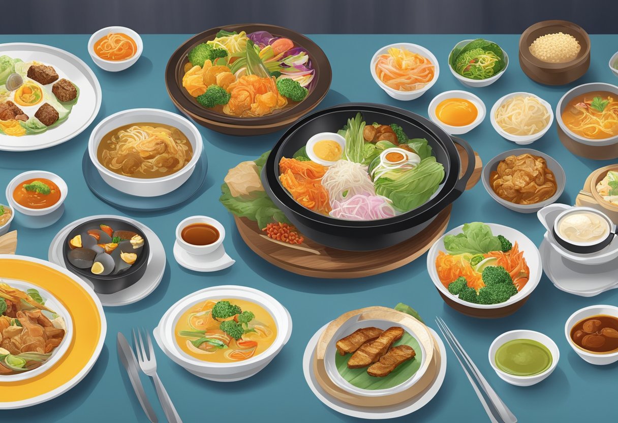 A table set with a variety of colorful dishes from Putien's Culinary Delights, showcasing the restaurant's signature Singaporean cuisine