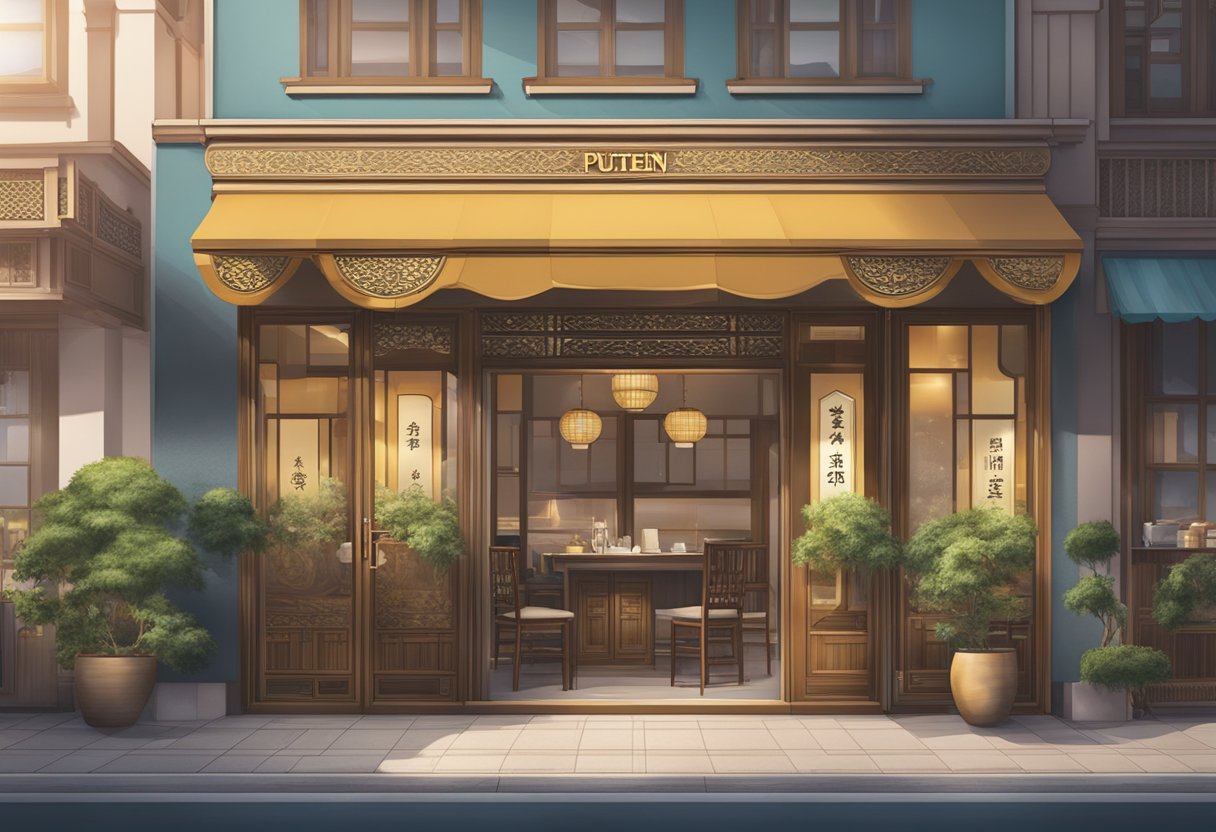 The exterior of Putien restaurant, with its name prominently displayed and accolades showcased in the window