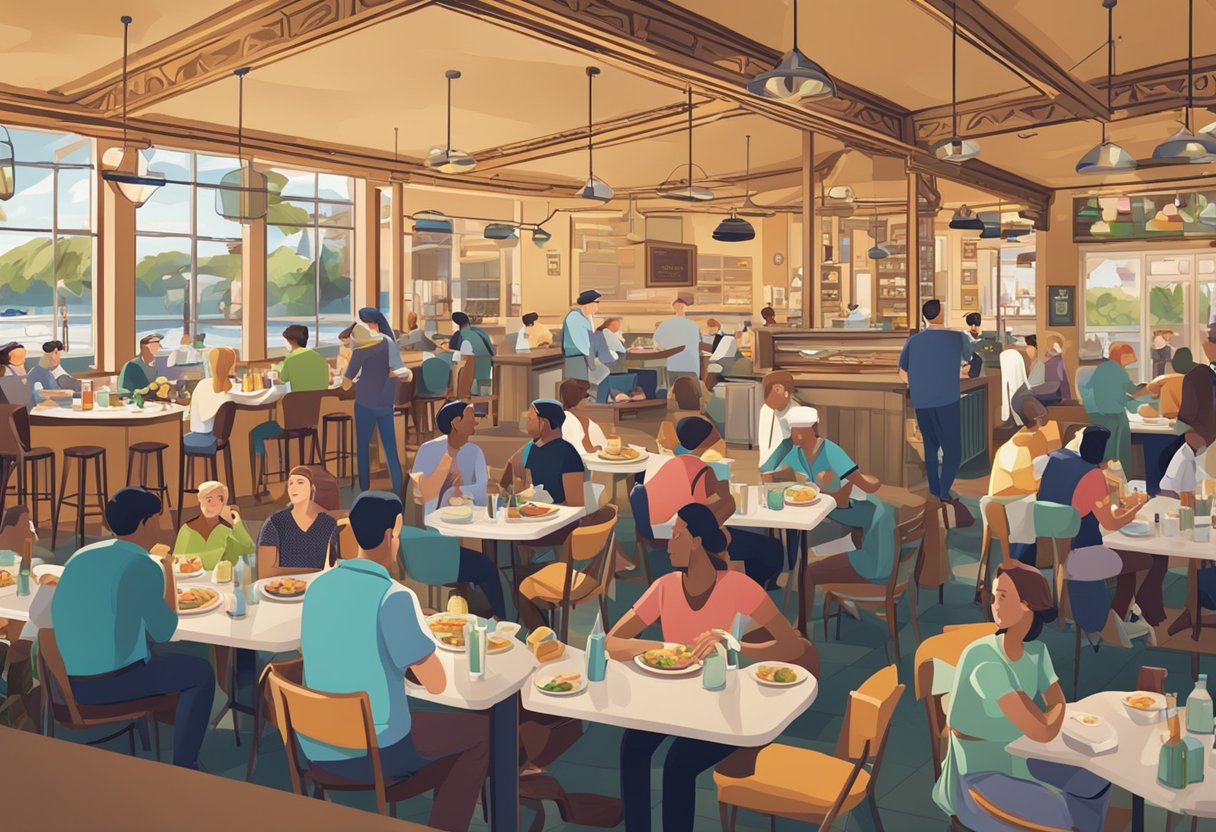 A bustling restaurant with a prominent "Frequently Asked Questions" sign in the foreground, with diners enjoying their meals in the background