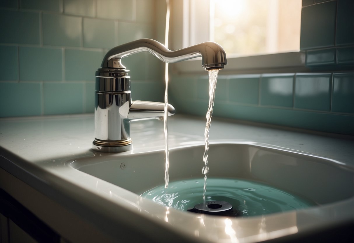 A plumber uses a high-pressure water jet to clear a clogged drain in a bathroom sink