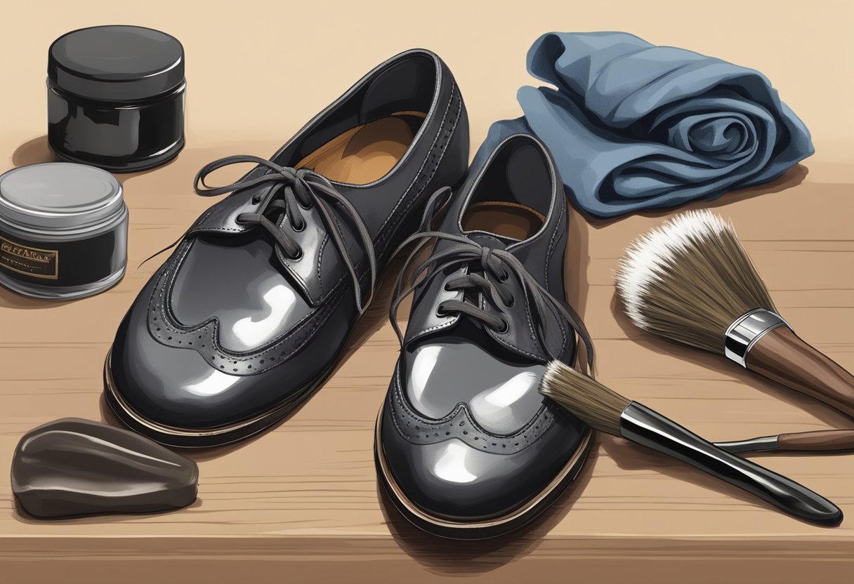 A dancer's worn-out shoes lay next to a brush, cloth, and shoe polish, ready for daily care and maintenance