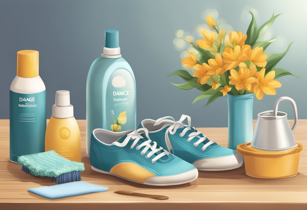 A table with various dance shoes, a brush, cloth, and cleaning products. A poster with care instructions and a booklet on seasonal maintenance