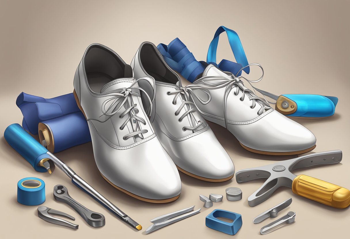 A pair of dance shoes being stretched and flexed, with various tools and materials scattered around for breaking them in