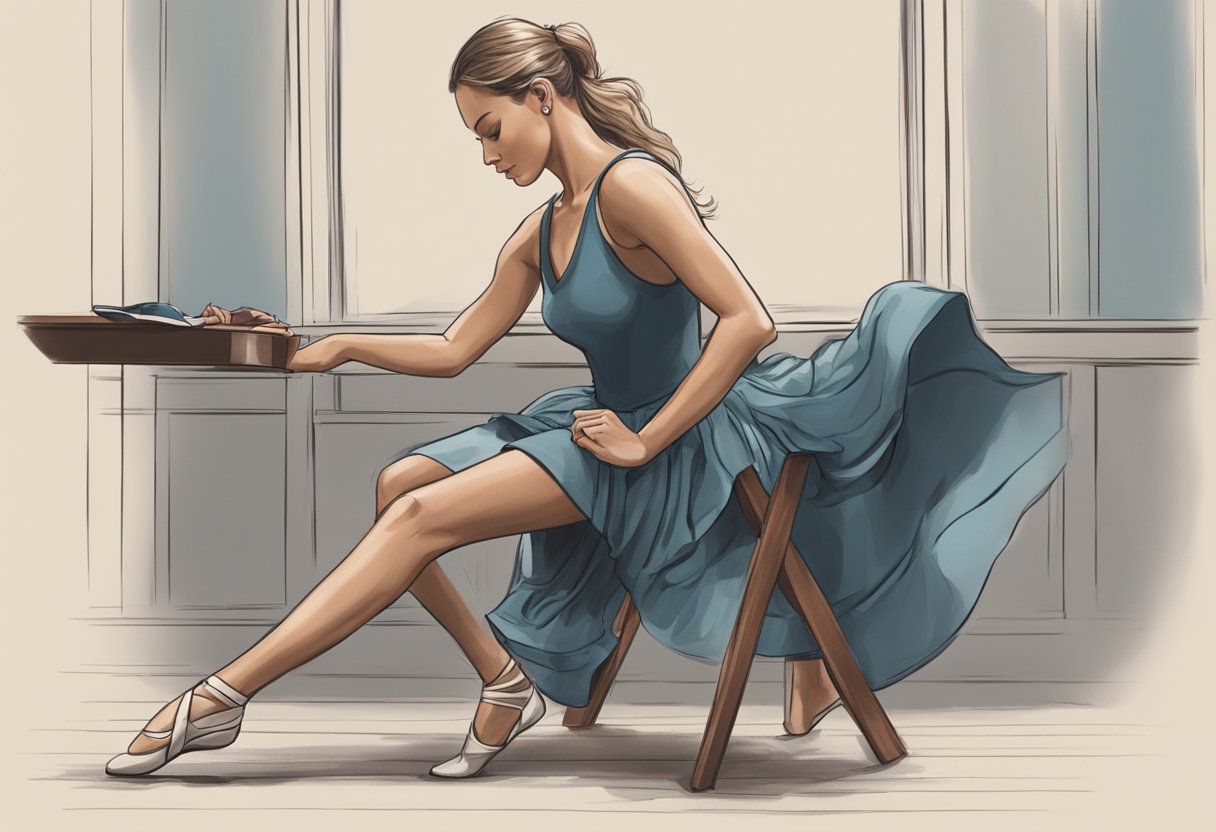 A dancer sits on a chair, feet extended, as they carefully adjust the fit of their new dance shoes, following tips and tricks for breaking them in