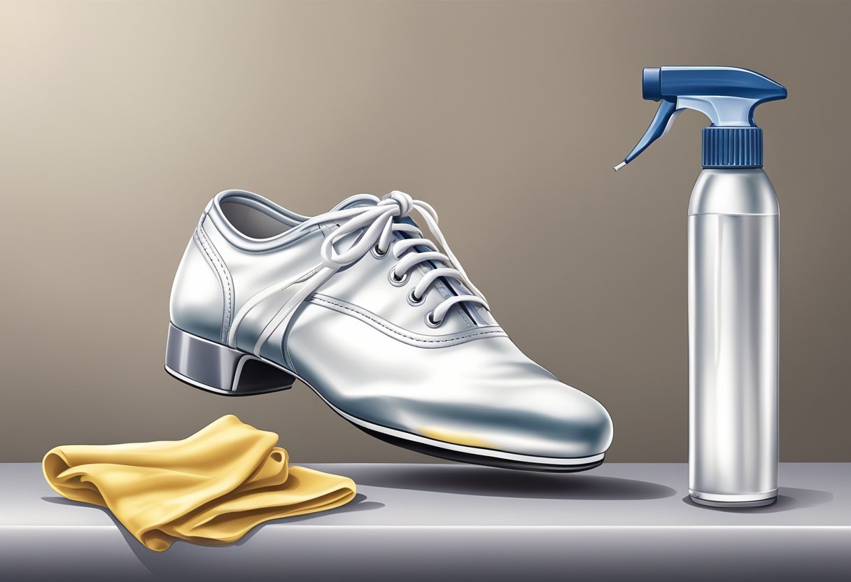 A pair of dance shoes being gently flexed and stretched to break them in, with a bottle of shoe spray and a soft cloth nearby for maintenance