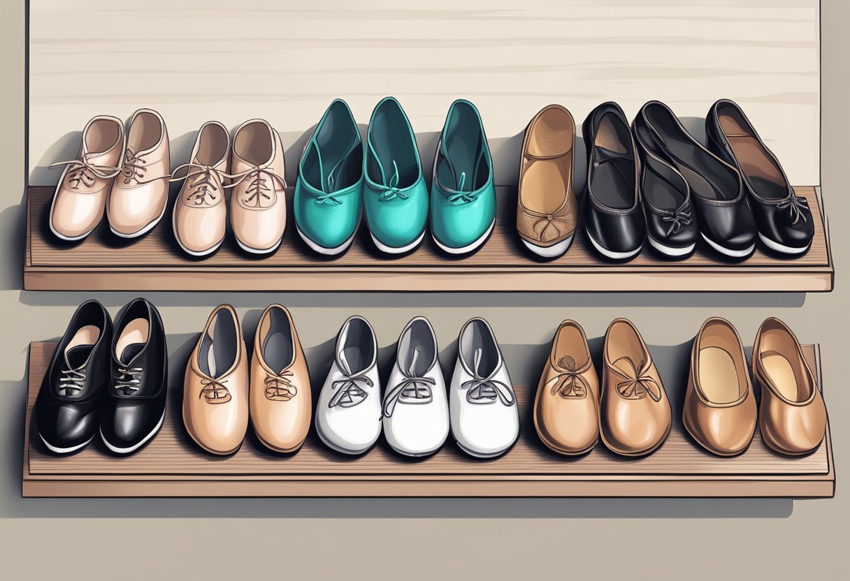 A collection of dance shoes - ballet slippers, tap shoes, jazz shoes, and pointe shoes - neatly arranged on a shelf, with a sign indicating when each type should be worn