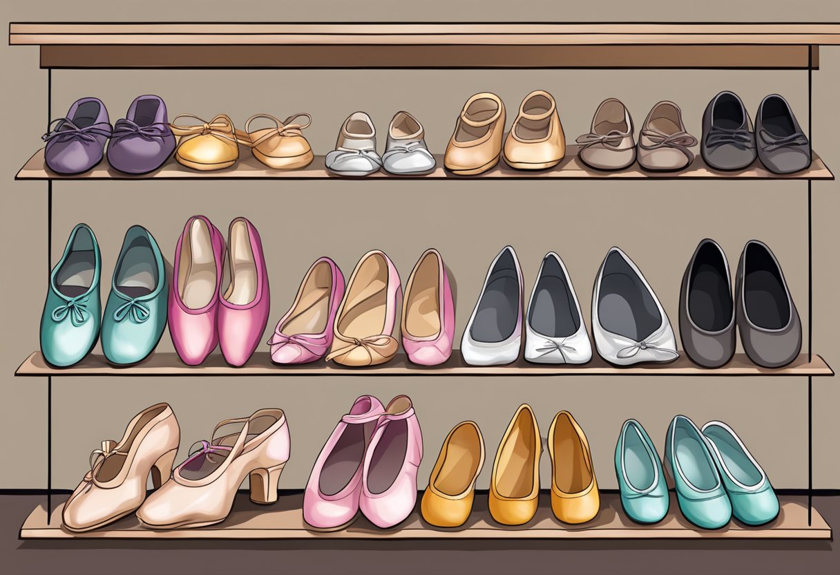 A variety of dance shoes displayed on a shelf, including ballet slippers, tap shoes, and pointe shoes, each representing a different type of dance and when to wear them