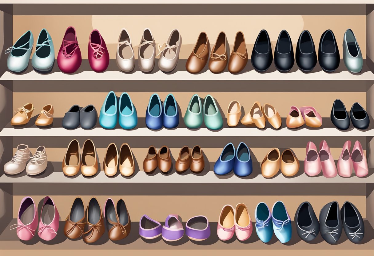 A collection of dance shoes arranged neatly on a shelf, including ballet slippers, tap shoes, jazz shoes, and pointe shoes. Each pair is distinct in style and purpose