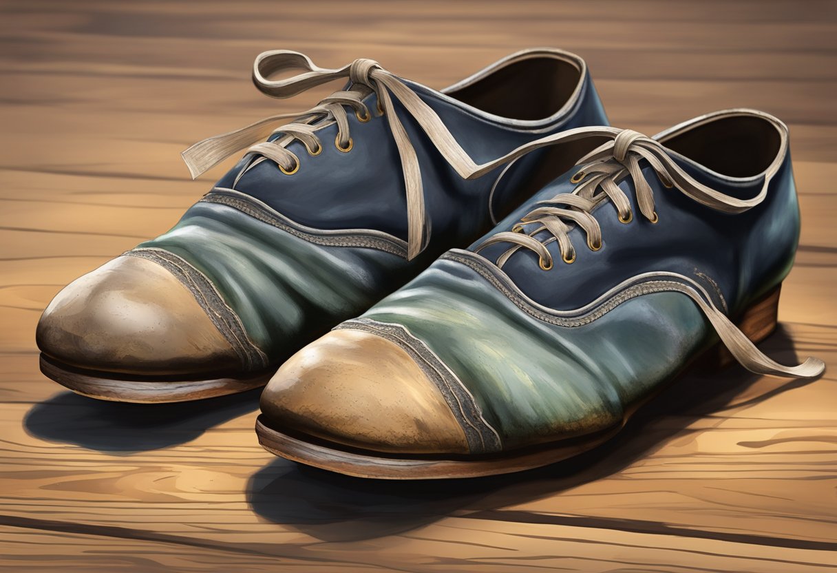 A pair of well-worn dance shoes sits on a wooden floor, surrounded by the remnants of chalk and rosin. The shoes show signs of heavy use, with scuff marks and worn soles, a testament to the dedication and hard work of