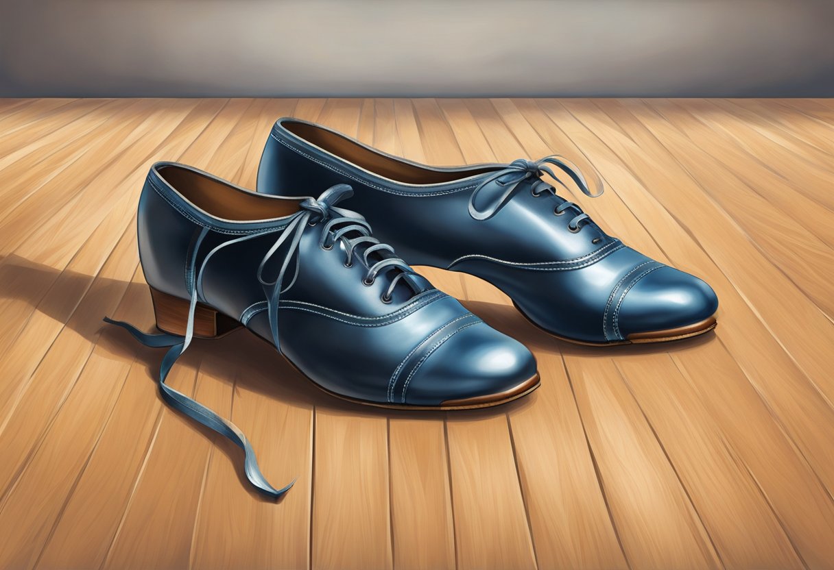 A pair of sleek, well-worn dance shoes sit atop a polished wooden floor, their supple leather and delicate stitching hinting at the hours of practice and performance they have endured