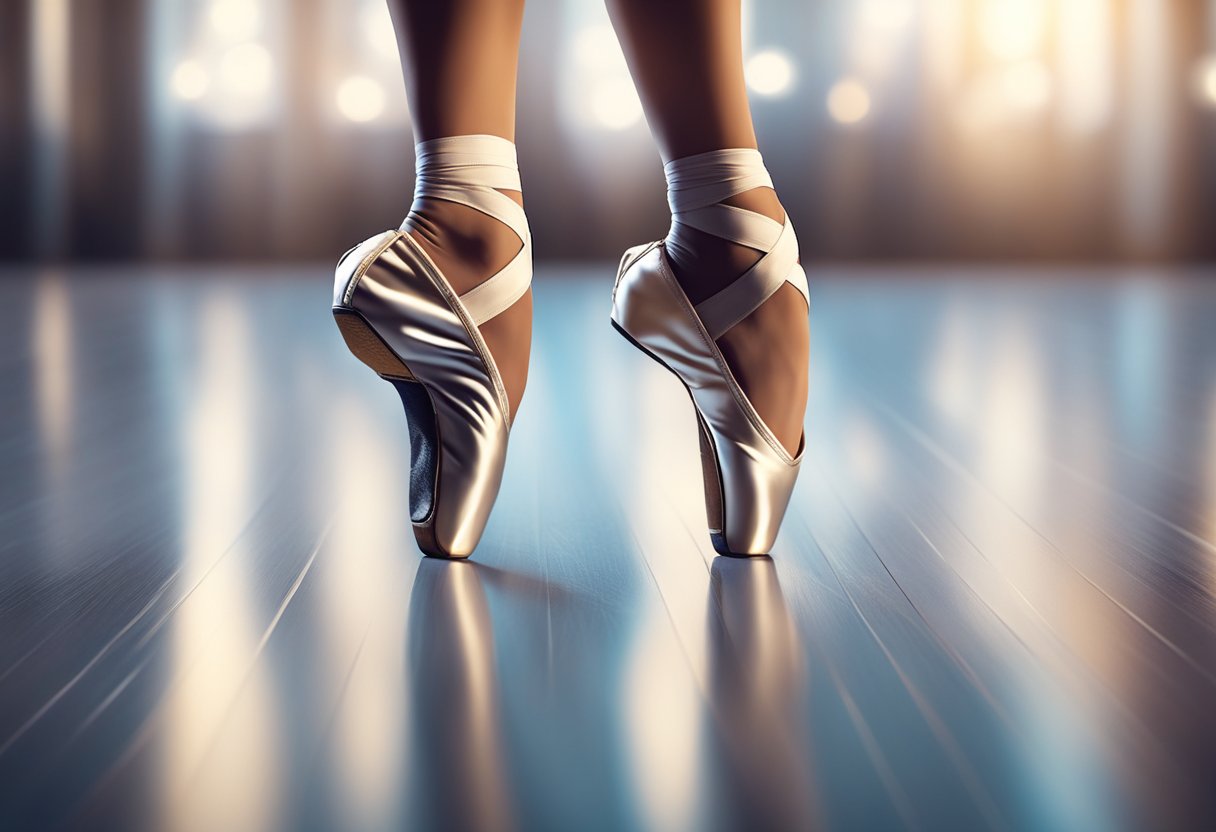 A dancer's feet in quality dance shoes, gliding across a polished studio floor. The shoes are sleek and supportive, enhancing the dancer's movements