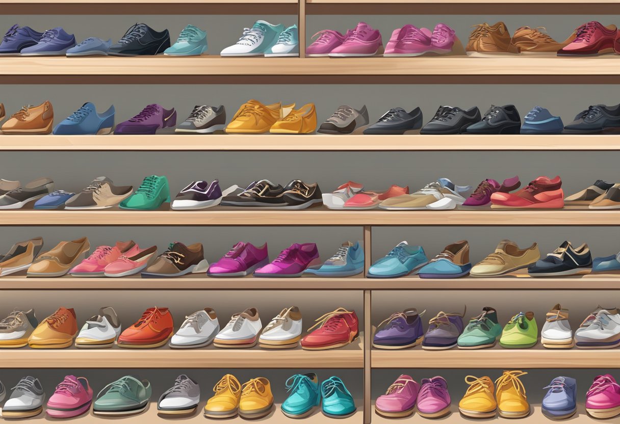 A variety of dance shoes displayed on shelves with labels for different dance styles