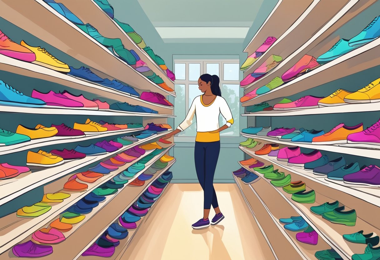 A dancer tries on various shoes, testing the fit and flexibility. A salesperson assists, offering advice and guidance. Rows of colorful dance shoes line the shelves