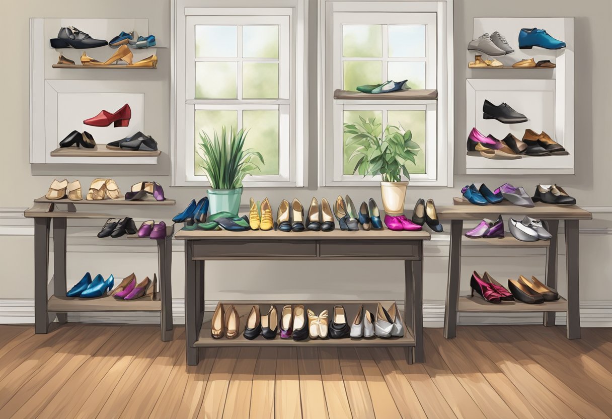 A table displays various dance shoes in a well-lit room. The shoes vary in style and color, showcasing the different materials and quality available for buyers to consider