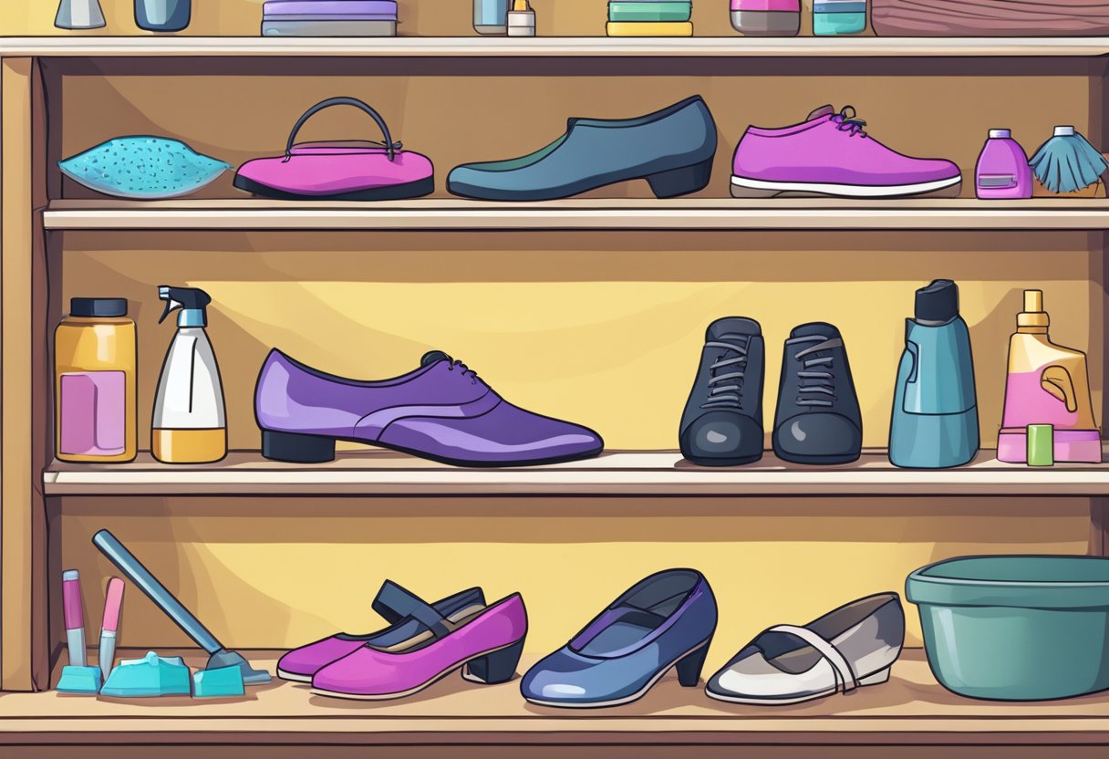 A pair of shiny dance shoes placed neatly on a shelf, surrounded by a variety of cleaning and maintenance tools. A guidebook titled "Care and Maintenance: A Beginner's Guide to Buying Dance Shoes" sits next to them