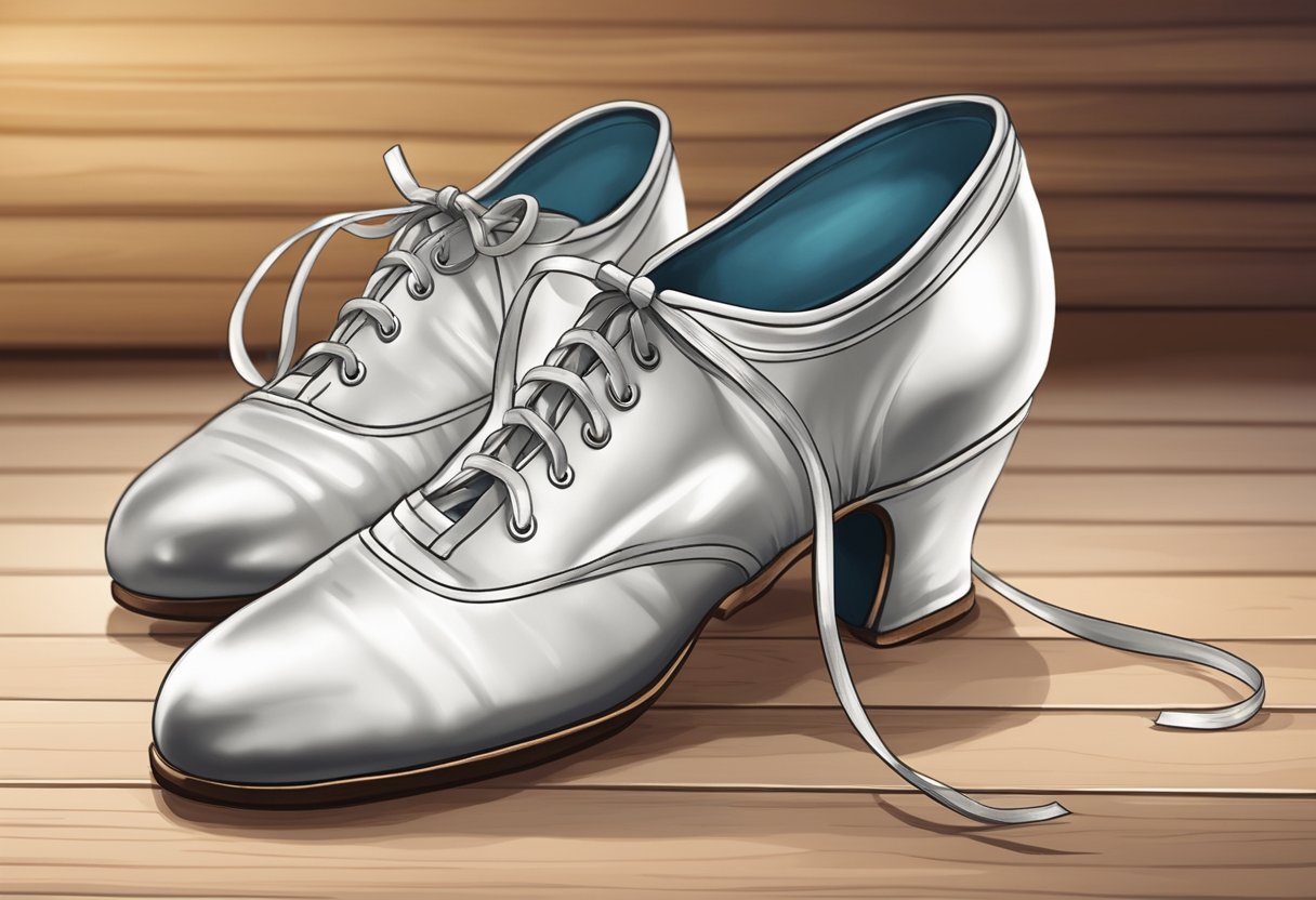 A pair of well-crafted dance shoes sits on a smooth wooden floor, highlighting the importance of proper footwear for dancers' feet