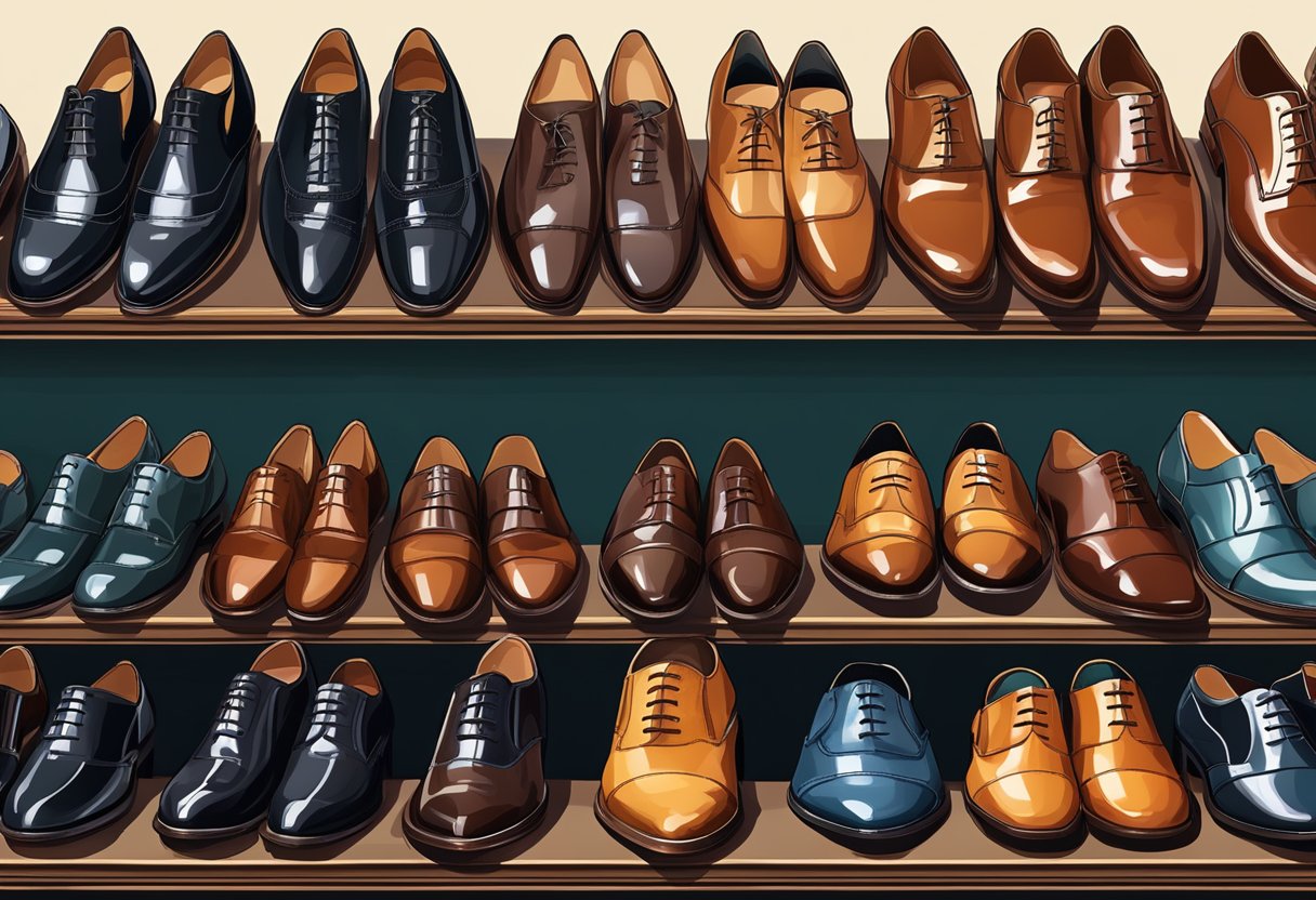 A row of polished formal shoes displayed on a sleek wooden shelf, featuring classic oxfords, elegant loafers, and sophisticated brogues