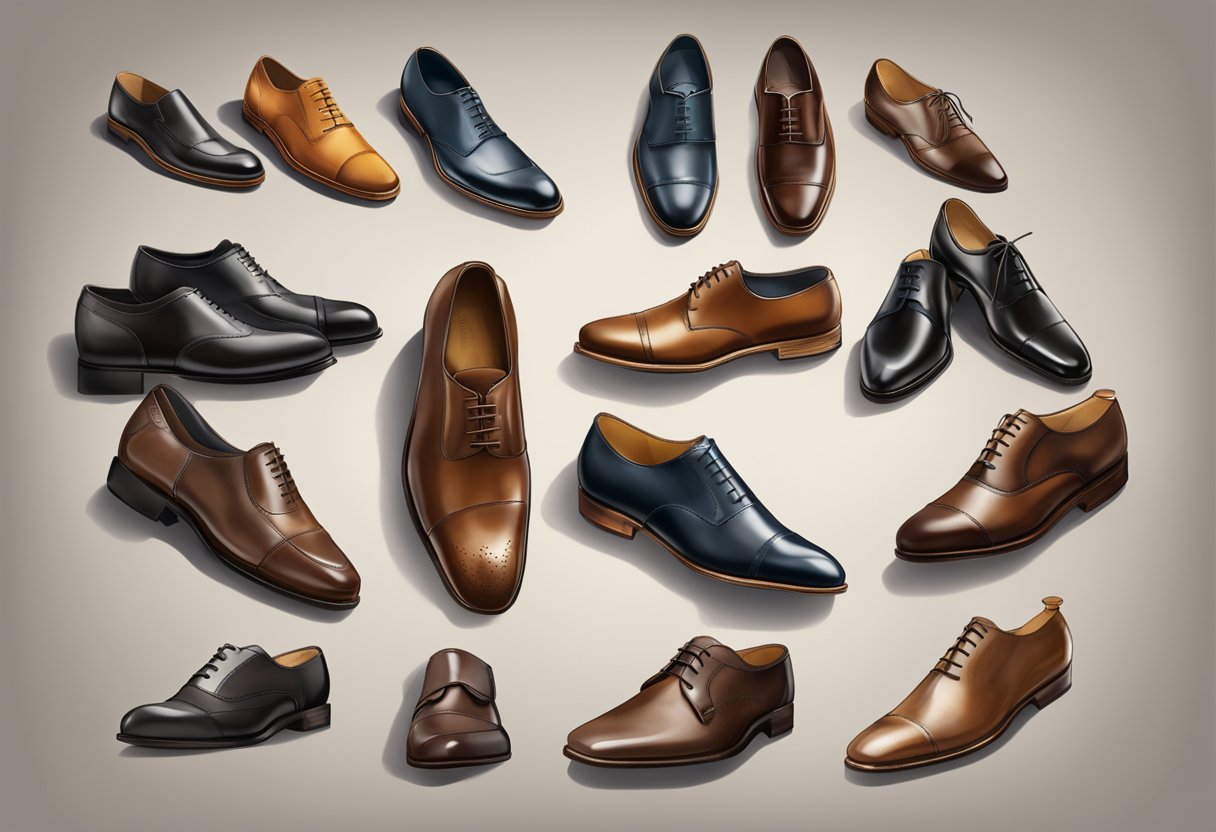 A lineup of formal shoe styles, including oxfords, derbies, loafers, and monk straps, displayed on a sleek, polished surface