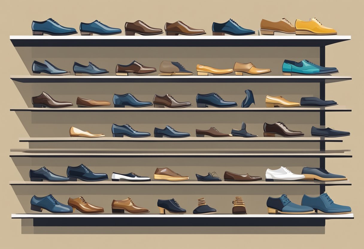 A hand reaches for a row of formal shoes displayed on a shelf, with different styles and colors to choose from