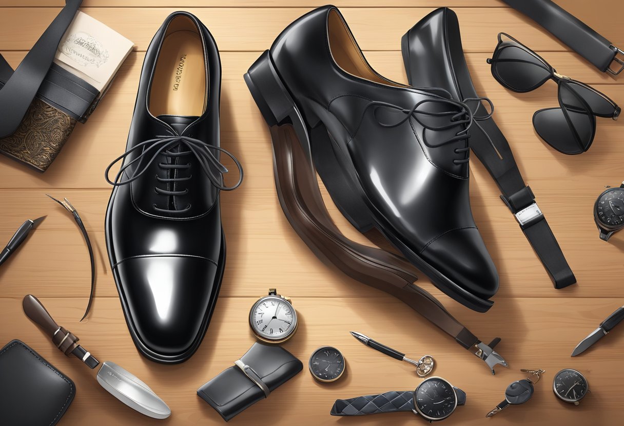 A pair of polished black Oxford shoes placed neatly on a wooden floor, surrounded by a selection of formal attire and accessories