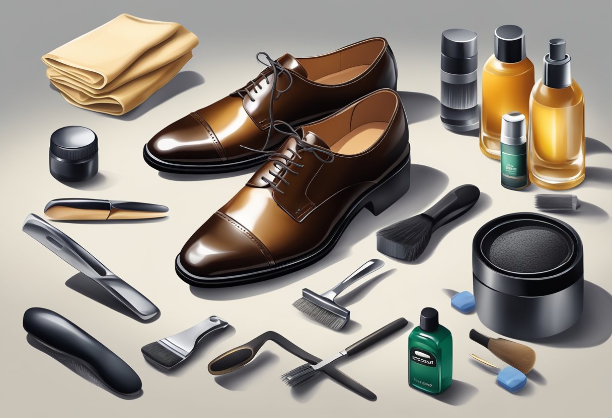 A polished pair of formal men's shoes surrounded by shoe care products and tools on a clean, well-lit surface