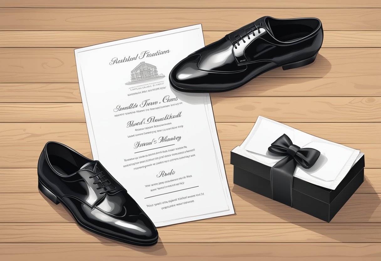 A pair of black tie shoes placed neatly next to a formal event invitation on a polished wooden floor