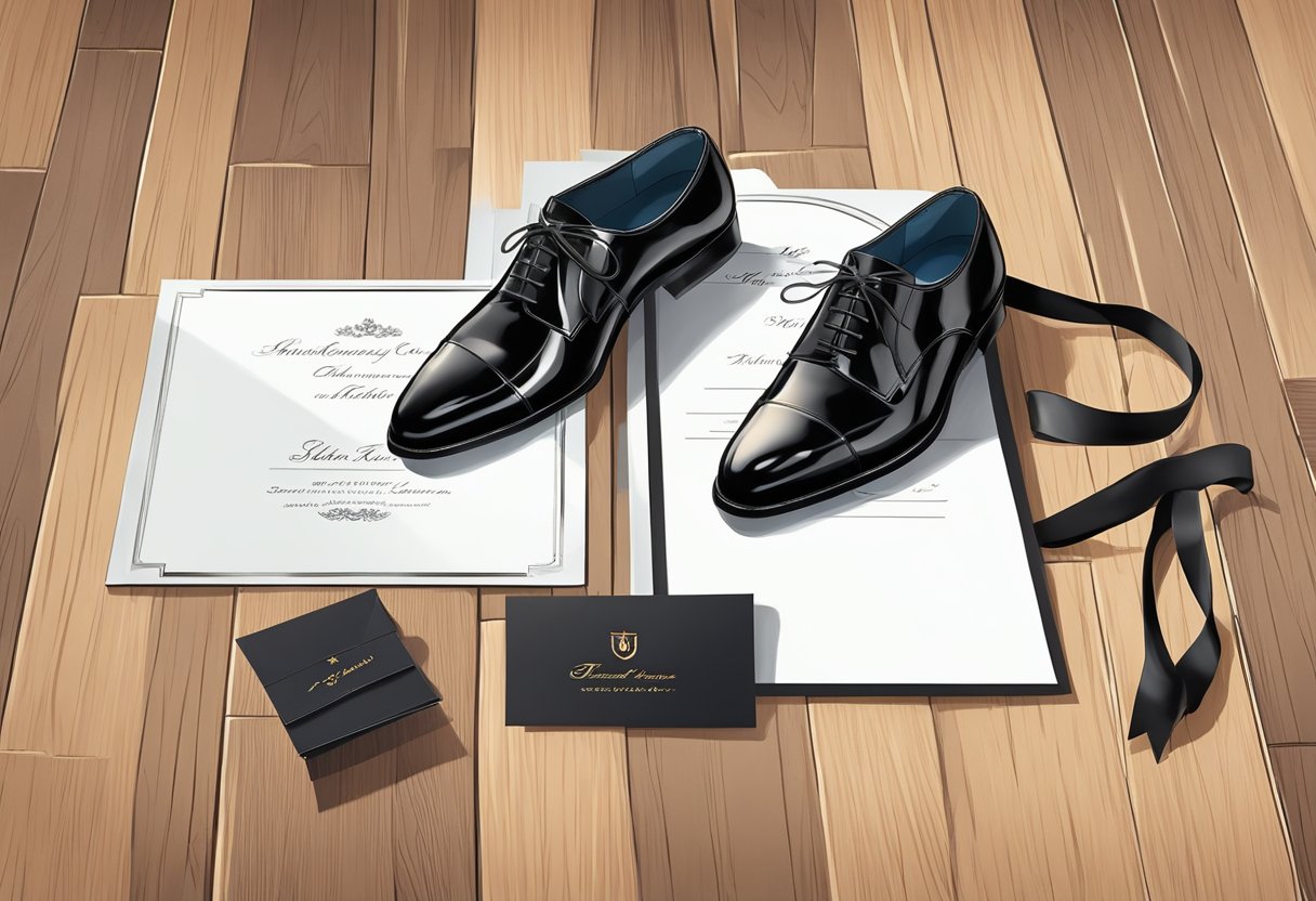 A pair of black tie shoes placed neatly next to a formal invitation on a polished wooden floor. The shoes are sleek and shiny, exuding elegance and sophistication