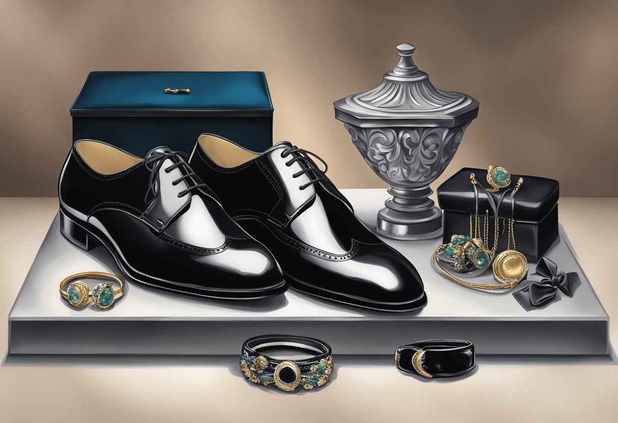 A pair of polished black tie shoes placed neatly on a velvet cushion, surrounded by a selection of formal accessories