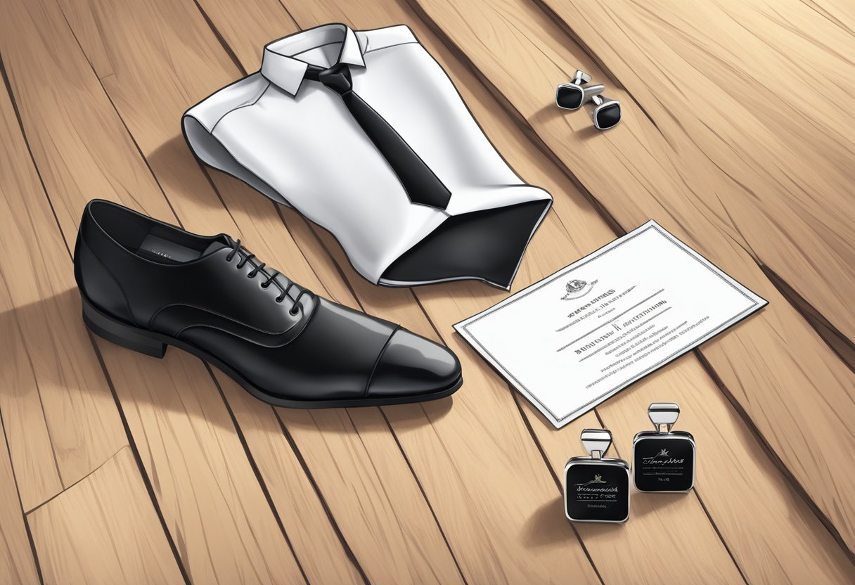 A tuxedo and black tie shoes laid out on a polished wooden floor, with a formal event invitation and a pair of cufflinks nearby