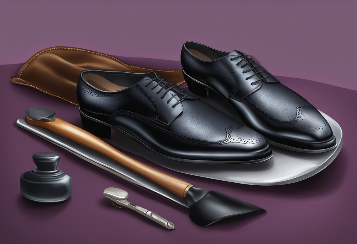 A polished pair of black leather shoes placed neatly on a velvet cushion, next to a shoe horn and a soft cloth for buffing