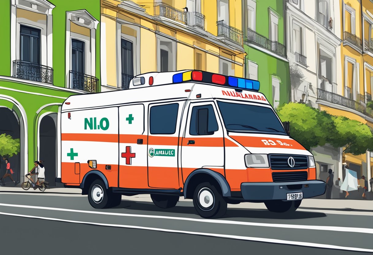 An ambulance speeding through the streets of Rio de Janeiro, with the iconic "Número da Ambulância RJ" clearly displayed on its side