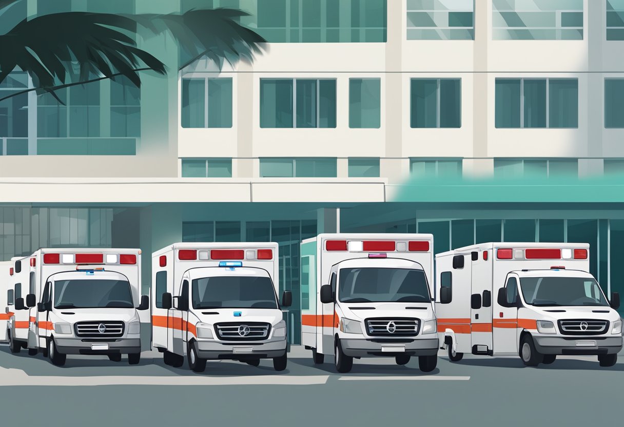 A fleet of ambulances lined up outside a hospital in Rio de Janeiro, with emergency lights flashing and medical personnel rushing in and out
