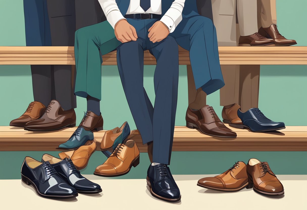 A row of various formal shoes lined up next to a selection of suits, with a person holding a shoe and examining it for the perfect match