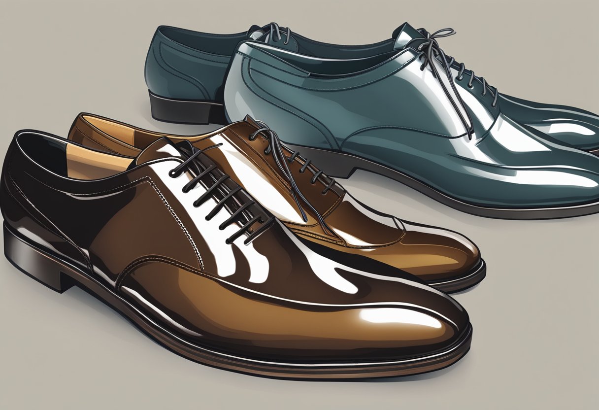 A polished pair of oxford shoes next to a sleek, tailored suit in a coordinating color scheme