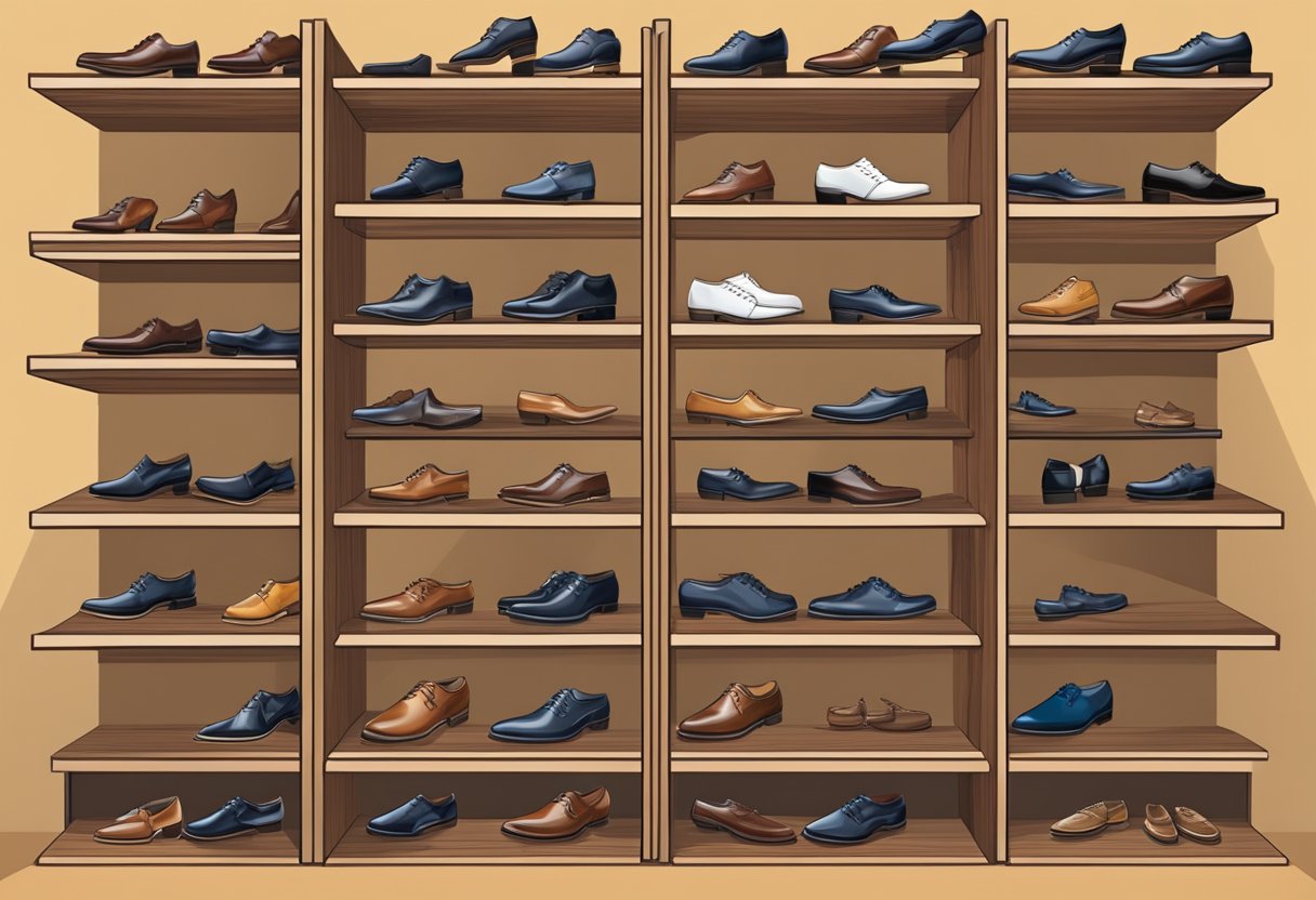 A hand reaches for a selection of formal shoes displayed on a polished wooden shelf, each pair perfectly suited for different styles of suits