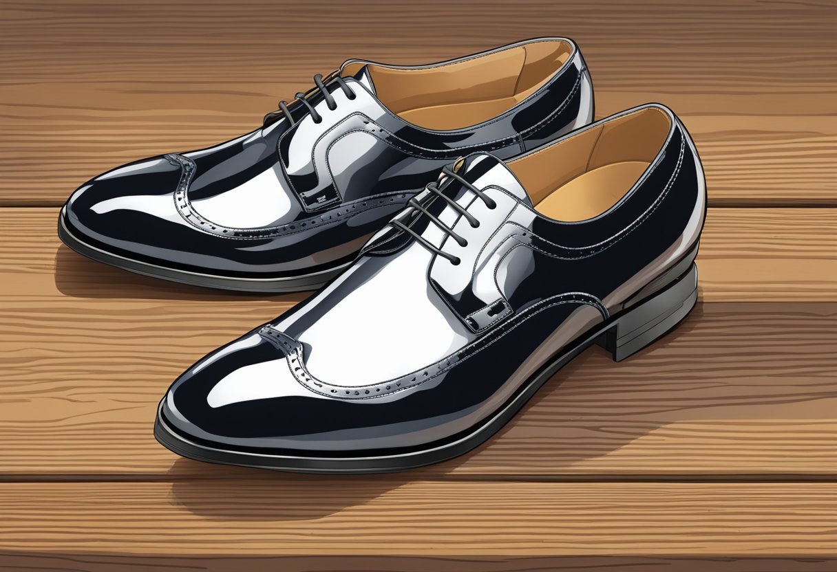 A pair of formal shoes displayed on a polished wooden surface, showcasing the intricate craftsmanship and high-quality material used in their construction